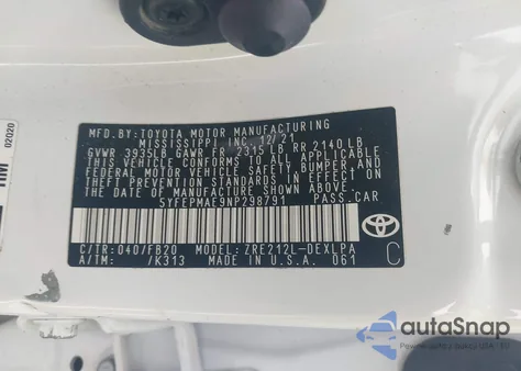 2022 Toyota Corolla Le from USA, damaged, VIN 5YFEPMAE9NP298791